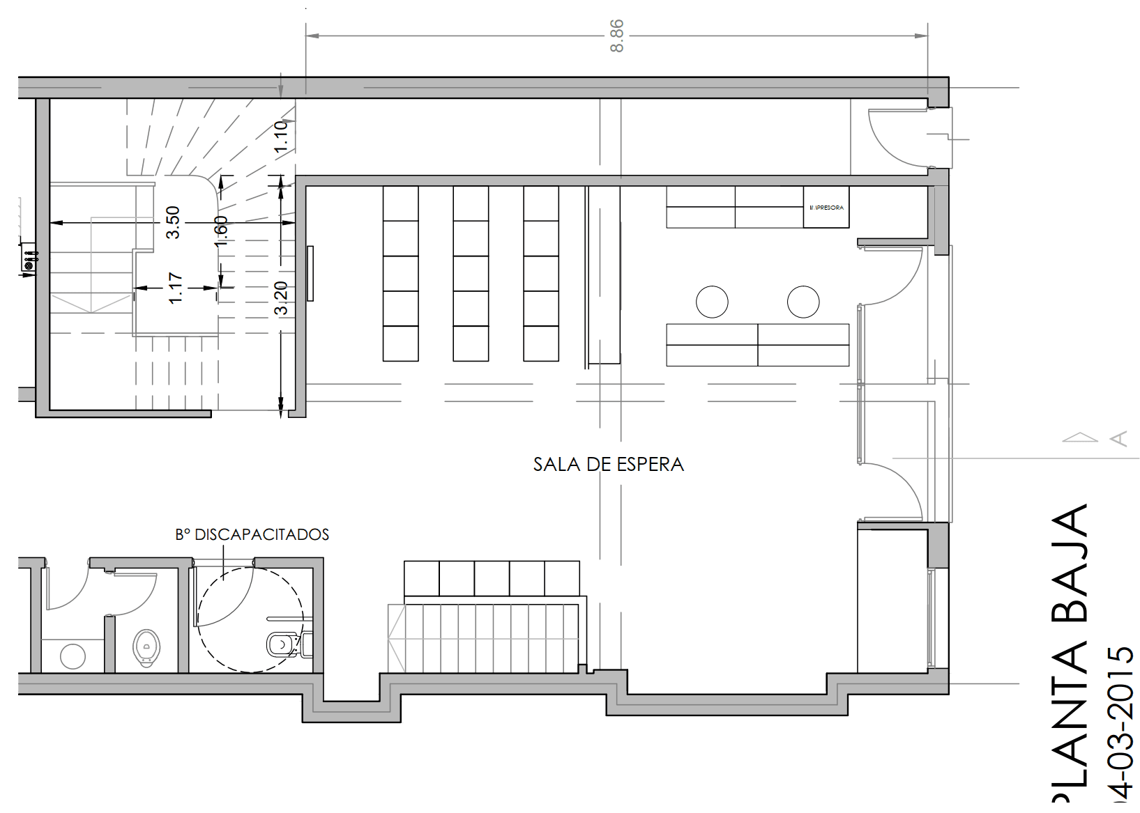 Detalle alternativo de distribución de sala de espera, fechado en marzo de 2015.