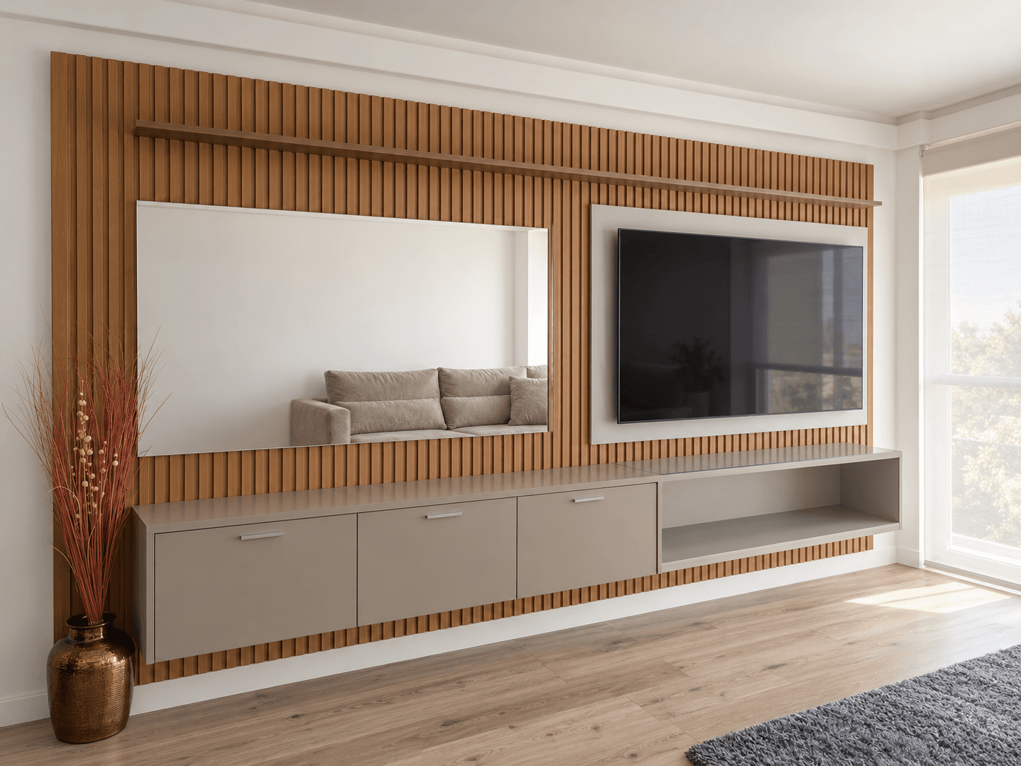 Imagen de obra retocada digitalmente: frente de televisión con listones y mueble bajo en una vivienda.