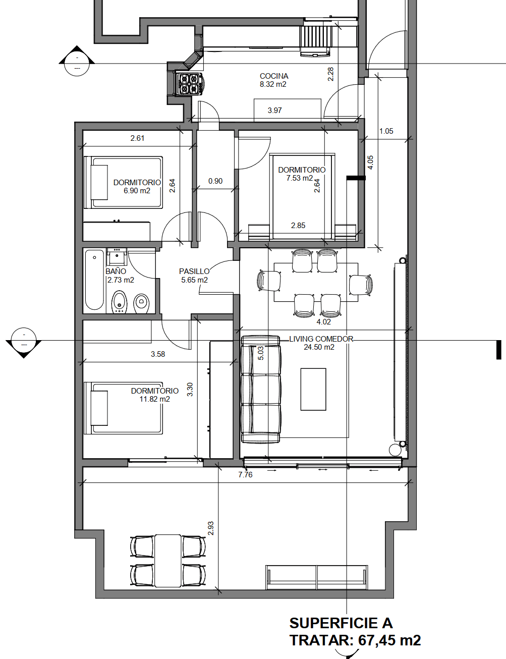 Planta de vivienda con superficie a tratar de 67,45 metros cuadrados.
