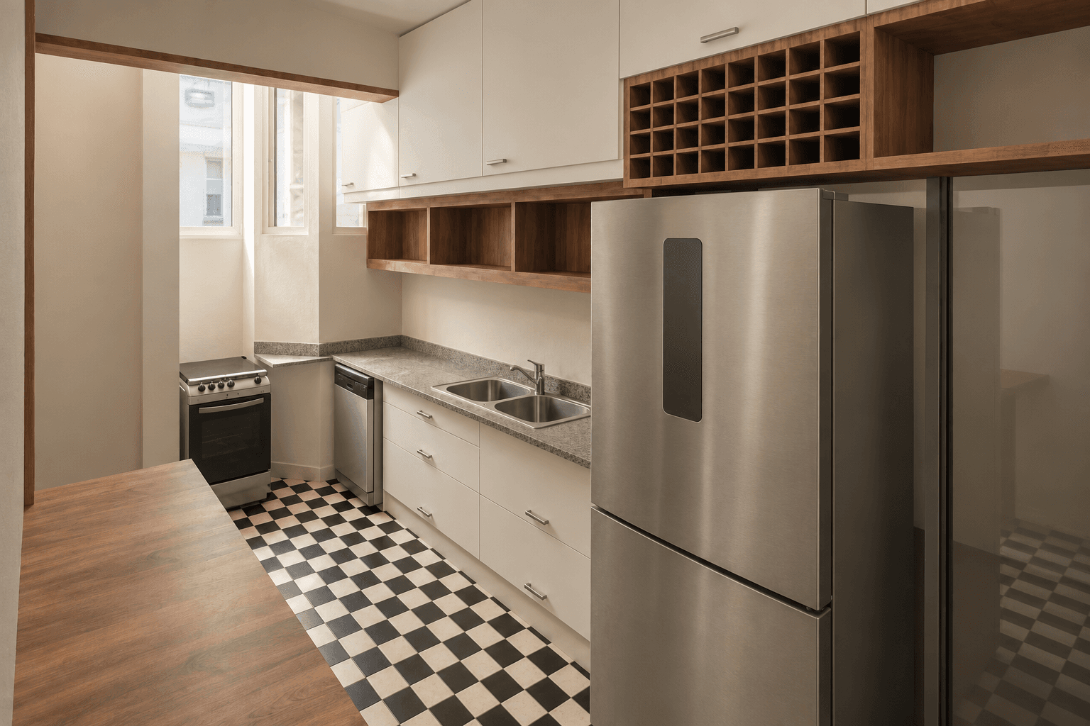 Render de propuesta para la cocina con mobiliario blanco y piso damero.