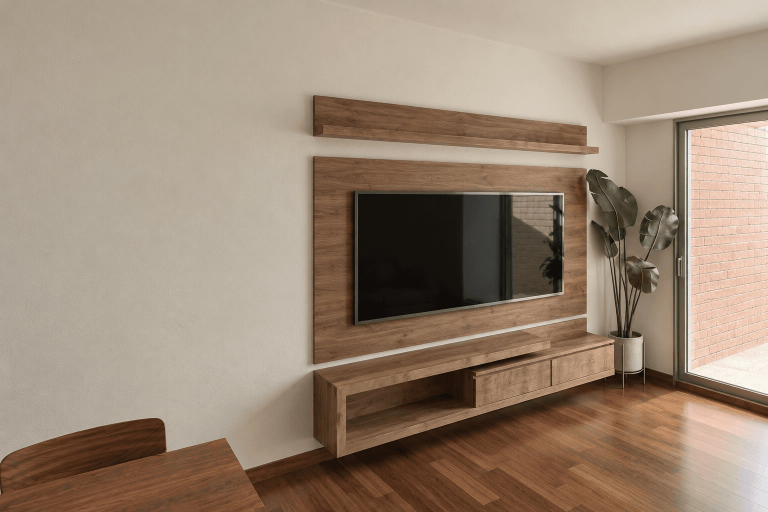 Render de propuesta para un mueble de televisión con panel y módulo bajo de madera.
