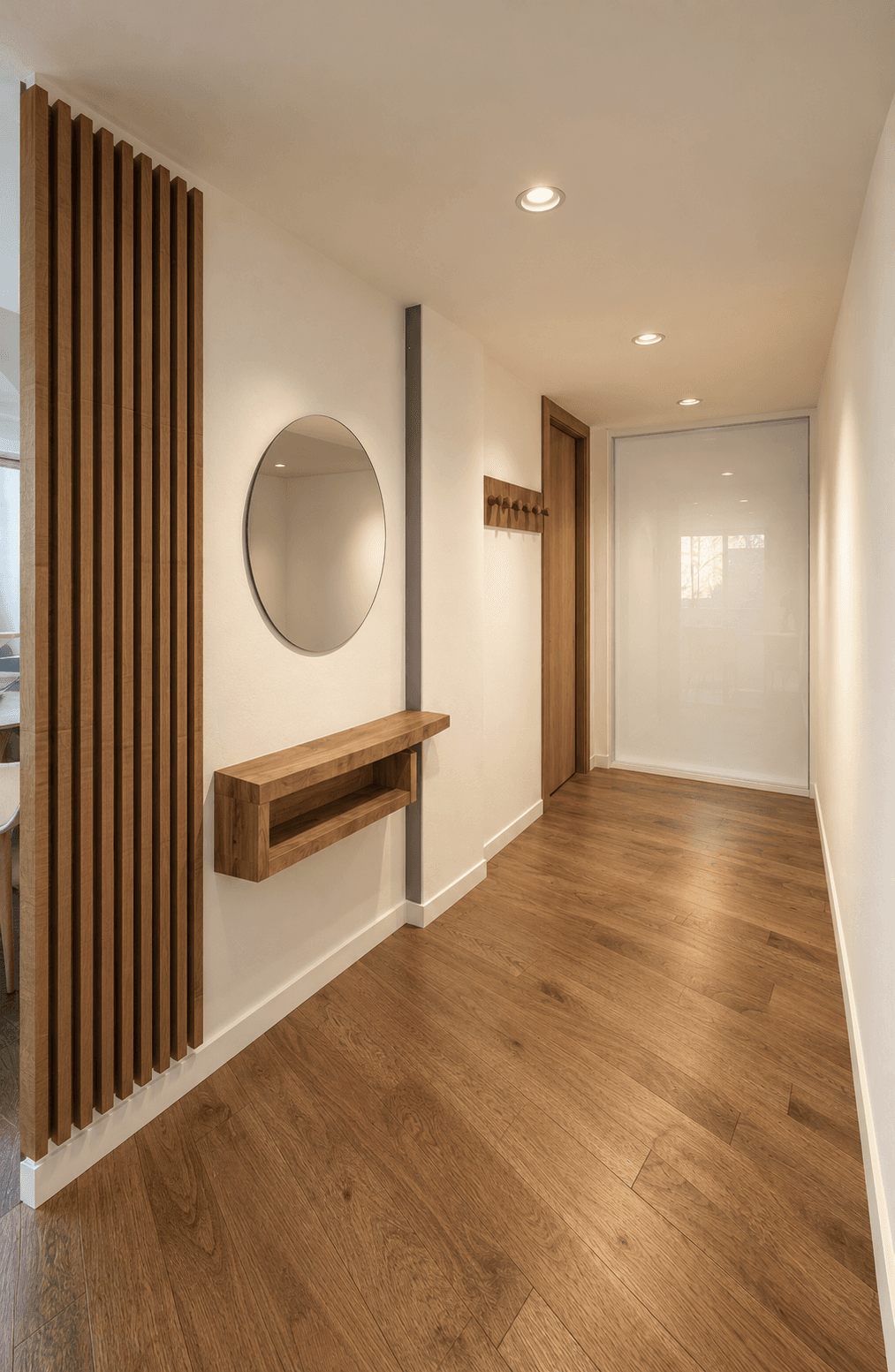 Render de propuesta para el pasillo: listones, espejo circular y consola de madera.